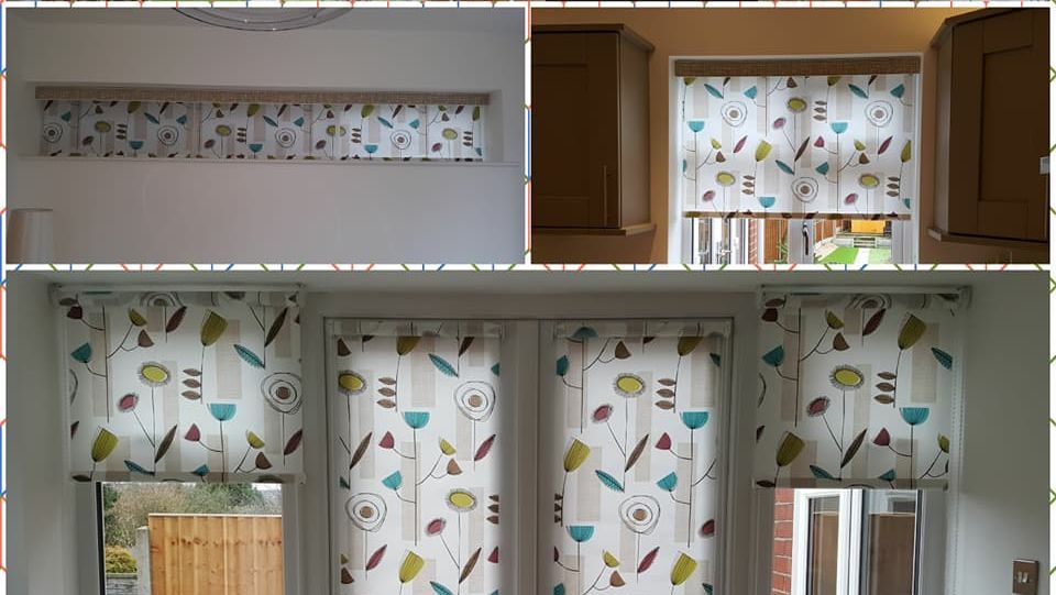 Collage of a patterned roller blind in different rooms