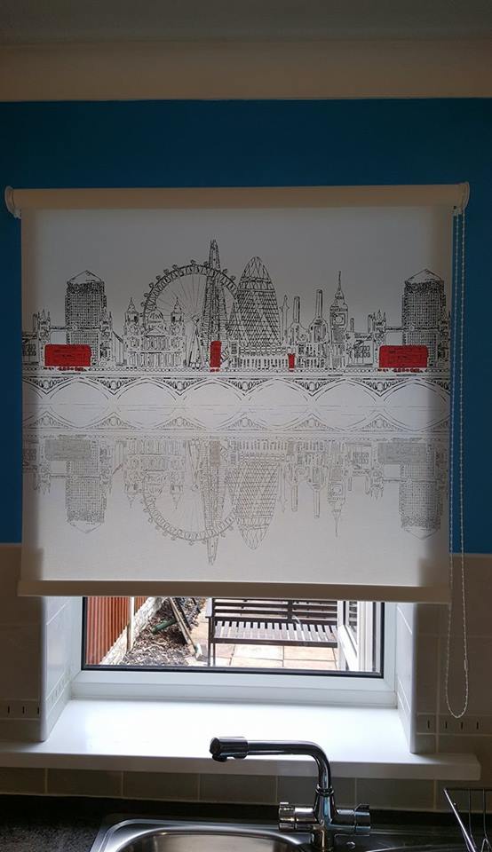 roller blind in a kitchen with a London skyline design