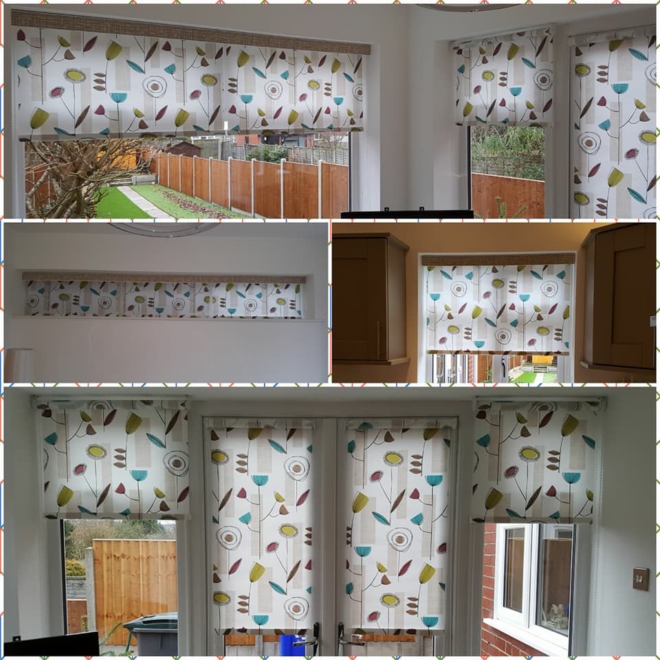 Collage of a patterned roller blind in different rooms